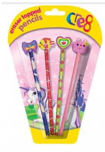 Cre8 Eraser Topped Pencils For Girls - Assorted Designs - Pack Of 4
